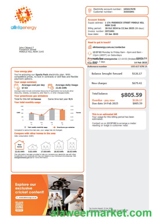 Australia Alinta Energy utility bill template in Word and PDF formats, version 2